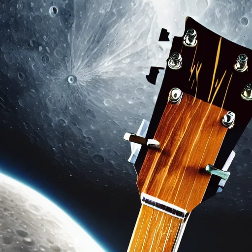 Image similar to a closeup photo of the headstock in an electric guitar and a beer can together laying on the surface of the moon. detailed