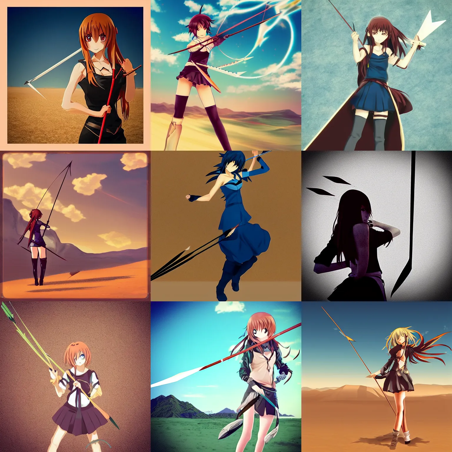 Prompt: “an anime girl next to an arrow midair, dodge, desert background, anime style”