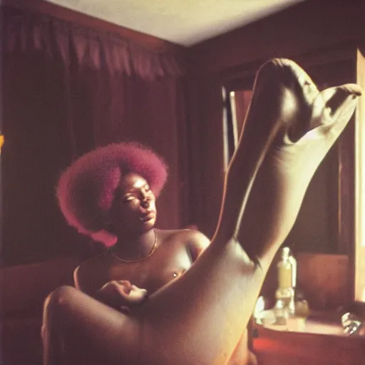 Prompt: afro woman on ball room, by nan goldin, 7 0 s, queer community, photograph