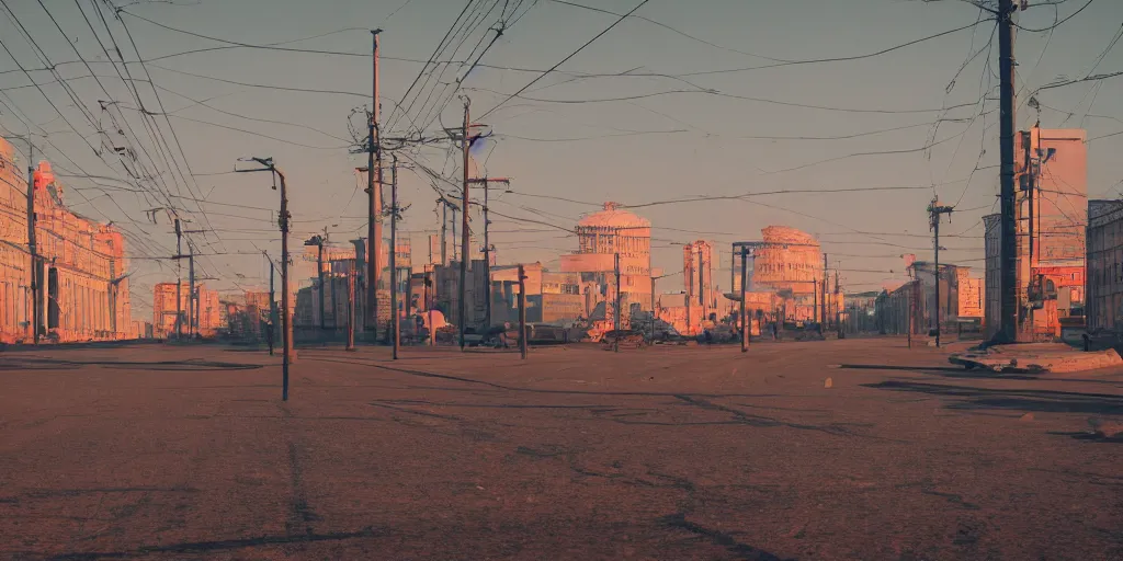 Image similar to photo of city street neon on mars, norilsk st. petersburg city, telephoto, anamorphic cinematography, beautiful composition, color theory, leading lines, photorealistic, moody volumetric lighting