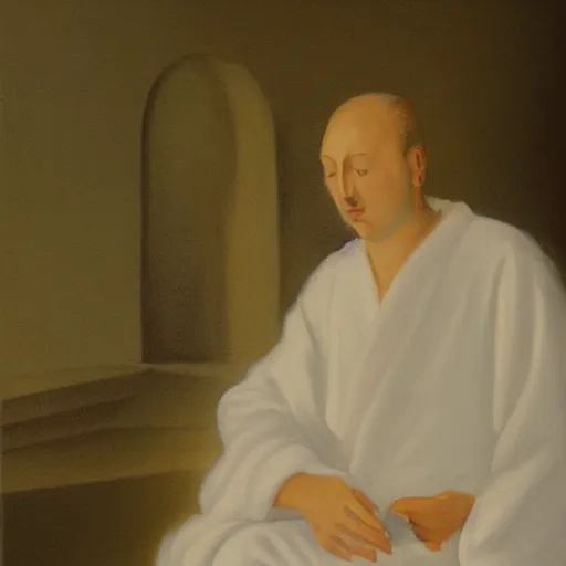 Prompt: A painting of a figure in a white robe, with a glowing aura and a peaceful expression, in a ethereal style.