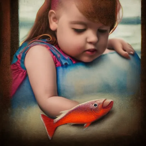 Image similar to the same style. the most beautiful little fat sweet girl is kissing a huge colorful cute fish. modern etching. colored print. hype realistic scene. old photography style. studio lighting. window. 3 d, octane render, deep focus