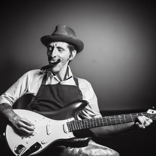 Image similar to Peperami man playing the guitar at a smokey nightclub grainy black and white photograph