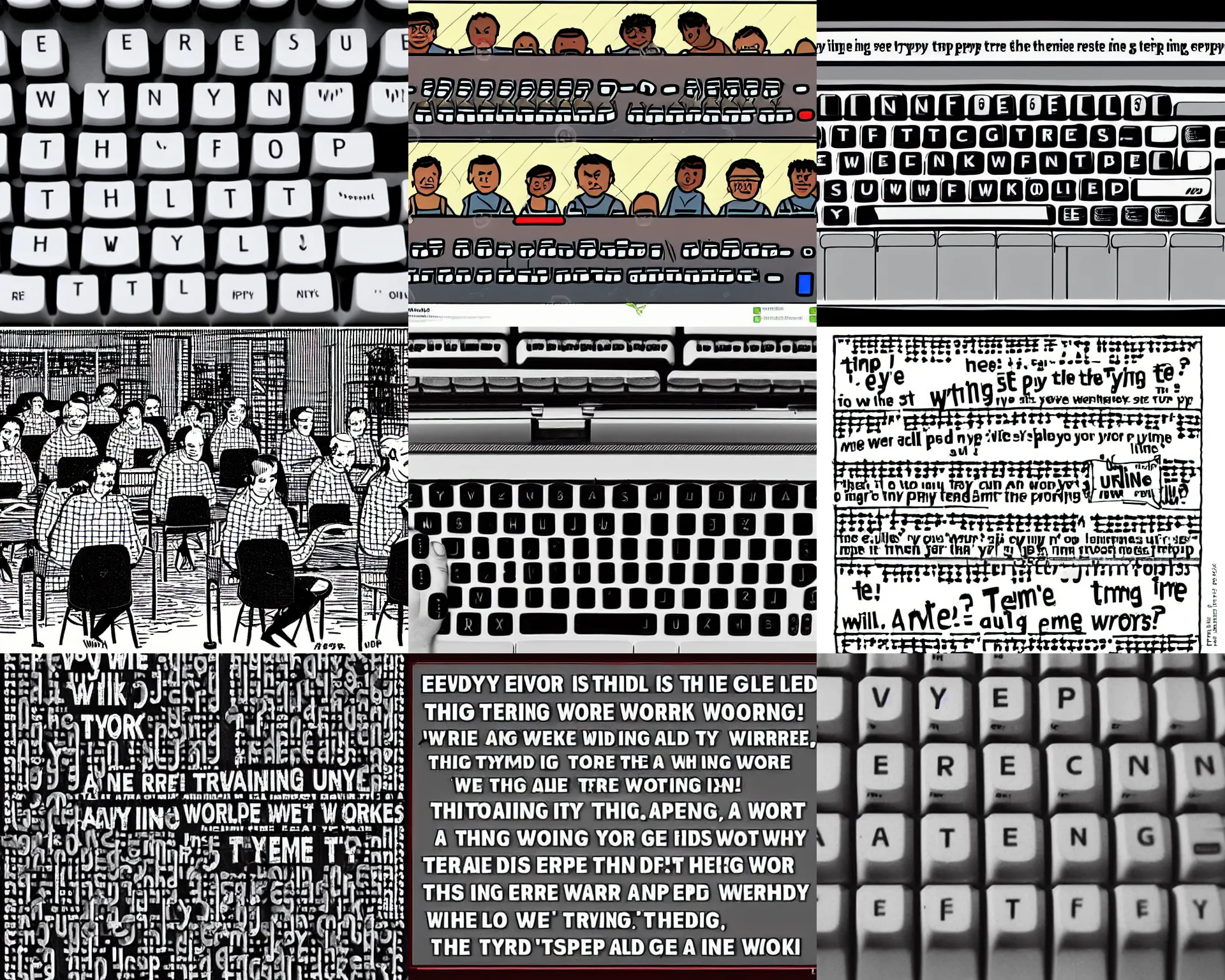 Prompt: everyone is typing Will someone please stop typing? Everyone is typing at the same time. Someone is typing at the end of the day? I hope it's me. everyone is typing in a creative work Anyone can just type away Why are all of them typing? I wonder what will happen to the typing if they all get caught up in this. I wonder who is typing this. The work of all will be erased with that keyboard click. They're all going to be so busy typing! I don't like what we're watching, I feel like we're all going to be done by now.