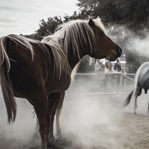 Image similar to horses doing big lines of ketamine at the rave