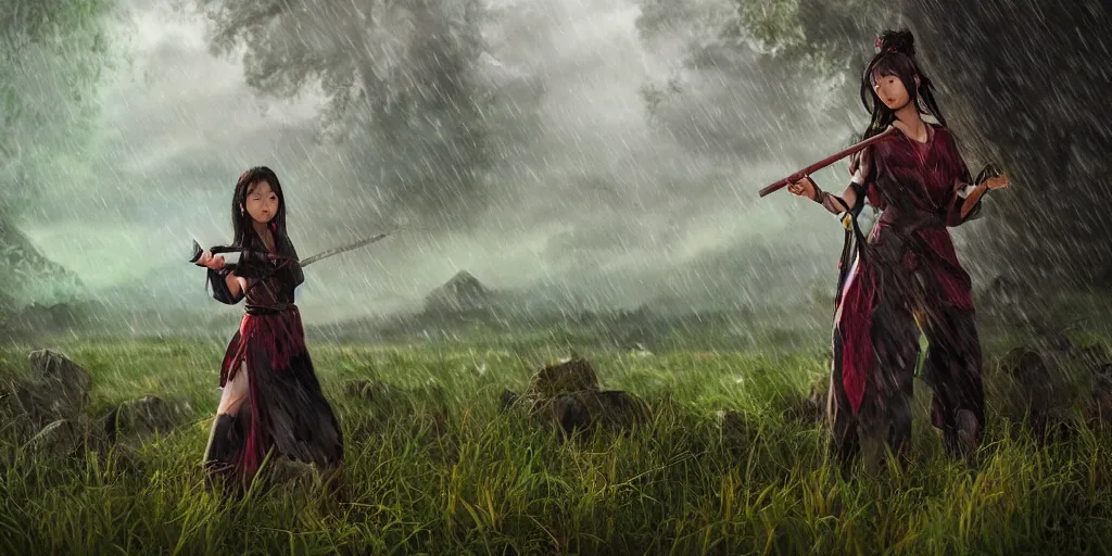 Image similar to An epic fantasy comic book style landscape painting of a young beautiful chinese girl holding a katana in a field of raining forest surrounded by bambok, unreal 5, DAZ, hyperrealistic, octane render, cosplay, dynamic lighting