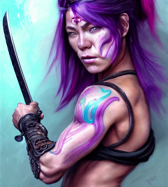 Prompt: muscular female warrior holding hilt of katana, perfect face, diadem, detailed neon tattoos, black halter top, purple hair, abs, cinematic, blush, stunning, athletic, strong, agile, highly detailed, psychedelic, digital painting, artstation, smooth, hard focus, illustration, art by jessica rossier and and brian froud