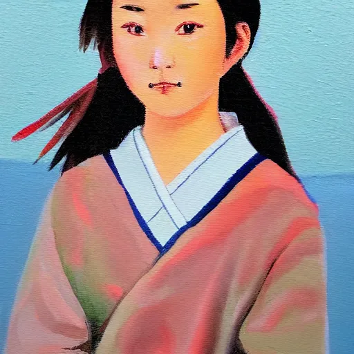 Image similar to a painting of Japanese schoolgirl, clothed, acryl