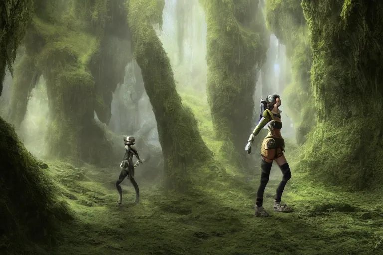 Prompt: a futuristic steampunk female astronaut full body, young face, steampunk astronaut, walking inside a very lush mossy cave by Bastien Lecouffe-Deharme and marc simonetti natural volumetric lighting, realistic, 8k, octane render, beautifully detailed render, 4k post-processing