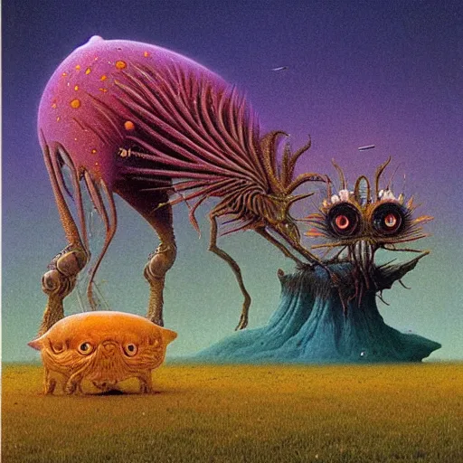 Image similar to beautiful little alien animal in an alien landscape, alien bestiary by Beksinski and Lisa Frank and Audobon and Studio Ghibli