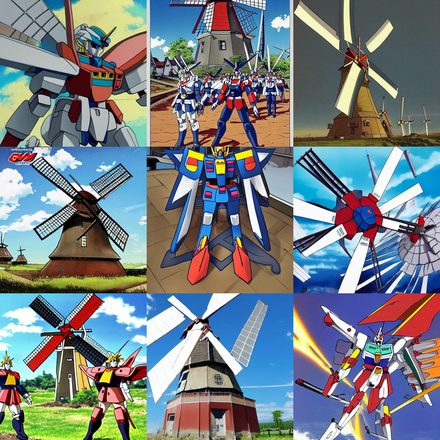 Prompt: gundam as dutch windmill in anime