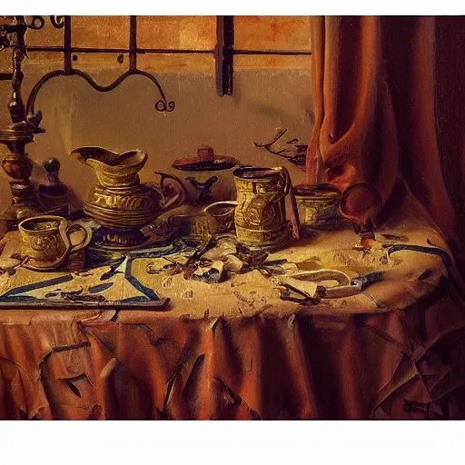 Prompt: small birds and machine parts on a table with an ornate patterned tablecloth, beautiful still life painting by lucien levy - dhurmer, moody lighting, side light