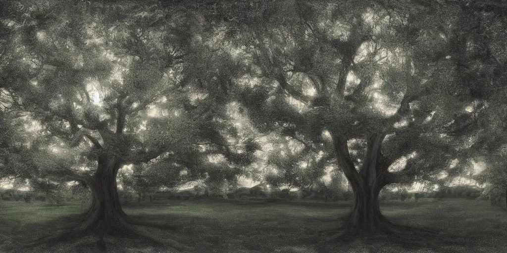 Prompt: Enormous, extremely complex singular tree with very wide canopy centered during twilight, tonalism style, trending on Artstation, 8k, 4k, high-res, digital art