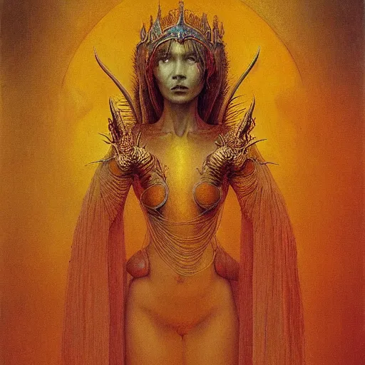 Prompt: portrait of ethereal young dragon princess in golden armour by Beksinski