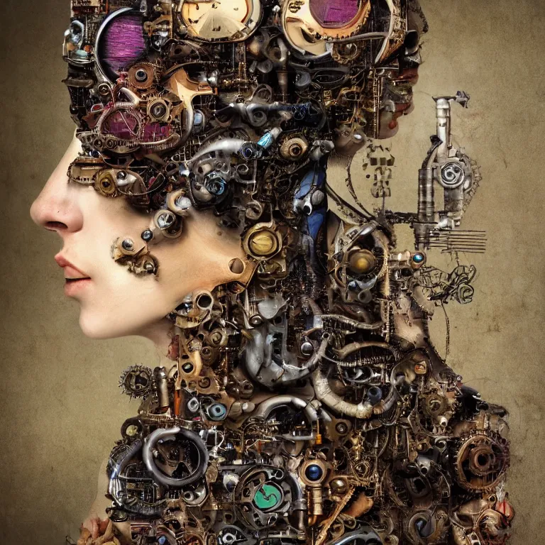 Image similar to profile portrait of a woman, computer parts, mechanical parts, by giuseppe arcimboldo, steampunk, cyberpunk, futuristic, psychedelic, surreal, sci - fi, vaporwave, alien, dreamlike.