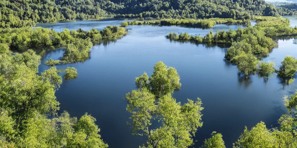 Prompt: photo field with Lake with black Water reality