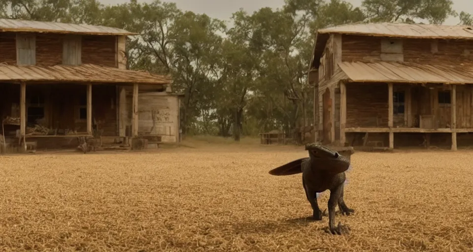 Prompt: film still of a movie about a giant viper that terrorizes a farm house directed by Denis Villeneuve