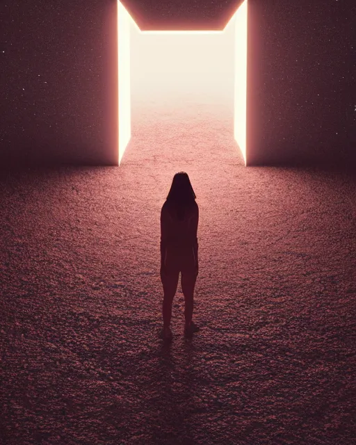 Image similar to a person standing in front of a glowy open door that's on a barren moon, poster art by mike winkelmann, trending on cg society, space art, sci - fi, ue 5, futuristic, volumetric lighting, light casting onto the ground, neat composition and camera angle