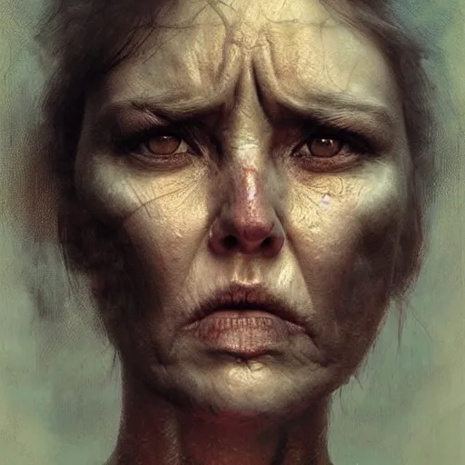 Image similar to A portrait of a woman, angry face, art by Greg Rutkowski and Zdzisław Beksiński