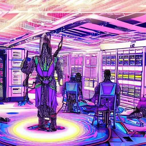 Image similar to you see a technomagical laboratory cluttered with computers and arcane components. in the middle of the room a technomancer wizard in robes whispers to his synthesized ai djinn. behind them is a large supercomputer. the room is lit with dayglow pink and blue dazzle camouflage patterns.