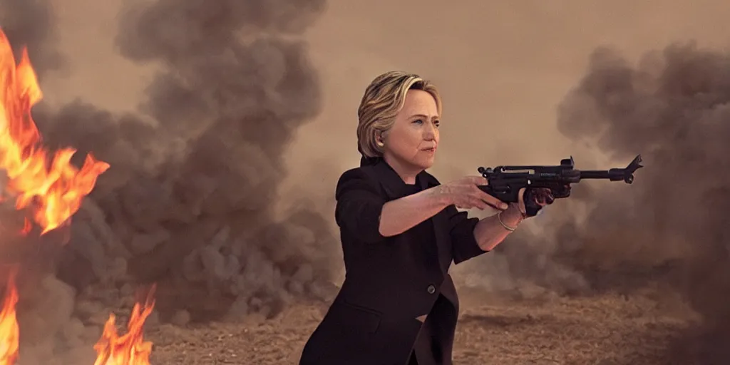 Image similar to movie still of hilary clinton fighting in libya, focused shot, realistic, smoke, fire, octane render