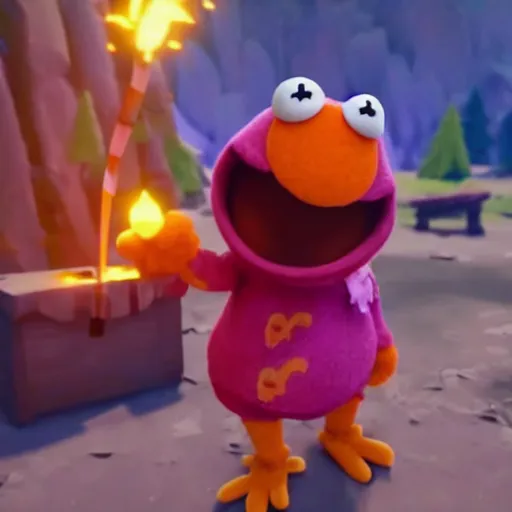 Prompt: bip bippadotta from the muppets as a wizard, fuzzy orange puppet, in fortnite, holding a gun