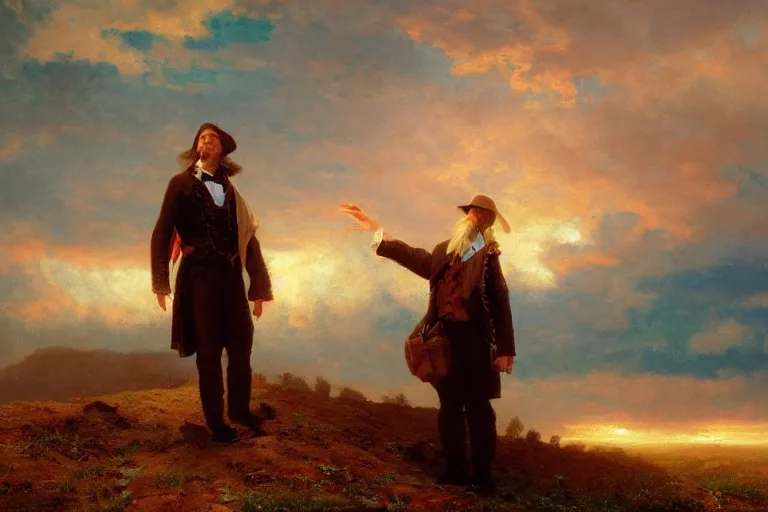 Image similar to a time traveler looking at the clouds, very detailed, oil painting, cinematic lighting, albert bierstadt, trending on artstation, colorful, canvas, sunset, hans dahl