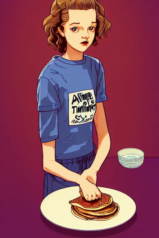 Image similar to eleven from stranger things making pancakes, animation pixar style, by pendleton ward, magali villeneuve, artgerm, rob rey and kentaro miura style, golden ratio, trending on art station