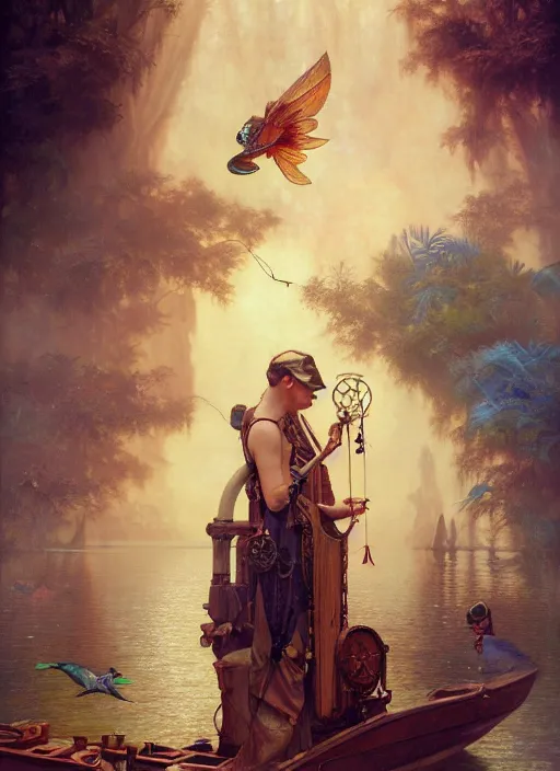 Image similar to hyper realistic fisherman, birds eye view, magical, gems, jewels, gold, steampunk, cyberpunk utopia, painted by tom bagshaw, mucha, gaston bussiere, craig mullins, j. c. leyendecker 8 k