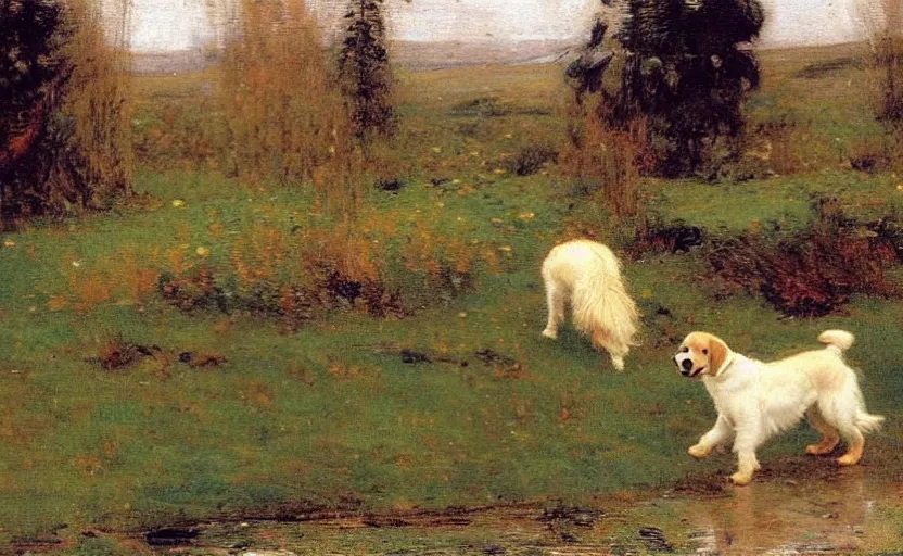 Image similar to a golden retriever walking though Siberia painted by John William Waterhouse