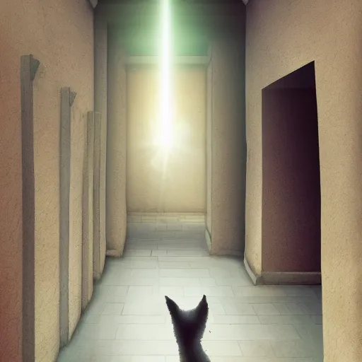 Image similar to a cat that is walking down a hallway, egyptian art by hanns katz, pixabay contest winner, magical realism, anamorphic lens flare, storybook illustration, matte painting