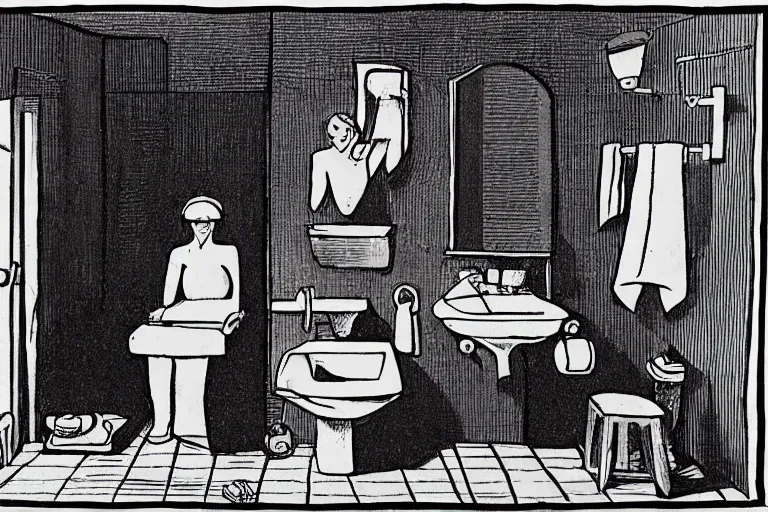 Prompt: bathroom scene from the book named day of the oprichnik, sorokin