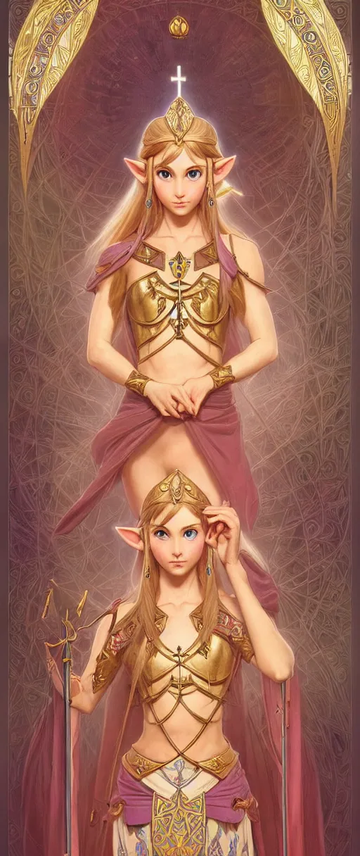 Image similar to perfectly detailed princess zelda esoteric tarot card!! blessed by nature with ever - increasing physical mental perfection, symmetrical! intricate, sensual features, highly detailed, biblical divine holy perfection!! digital painting, artstation, concept art, smooth, sharp focus, illustration, art by artgerm and greg rutkowski and alphonse mucha