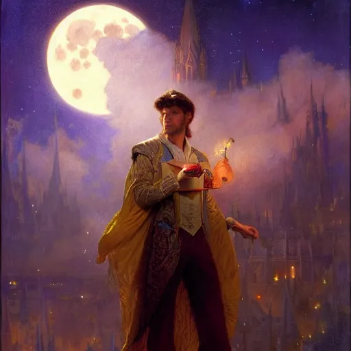 Image similar to attractive male wizard magically floating high in the night, fantasy, full moon in background. highly detailed painting by gaston bussiere, craig mullins, j. c. leyendecker, mid shot, 8 k