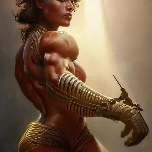 Image similar to : beautiful portrait of a alien amazonian woman bodybuilder posing, radiant light, caustics, war hero, metal gear solid, by gaston bussiere, bayard wu, greg rutkowski, giger, maxim verehin