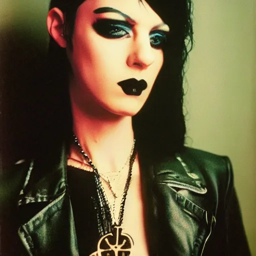 Prompt: full body shot, color slide, Kodak Ektachrome E100, studio photographic portrait of a young pale, Goth, Attractive girl, wears Egyptian Ankh Cross Pendant Necklace, intricate, elegant, dramatic lighting, gorgeous face, black leather jacket, highly detailed, lifelike, casual, realistic, punk, Comic book character, member of the Endless, Death, Nikon camera, 75mm lens, f/2.8 aperture, HD, Art Nouveau, Neo-Gothic, Bokeh, rich deep moody colors, masterpiece image, Shutterstock, Curated Collections, Sony World Photography Awards, Pinterest, by Annie Leibovitz