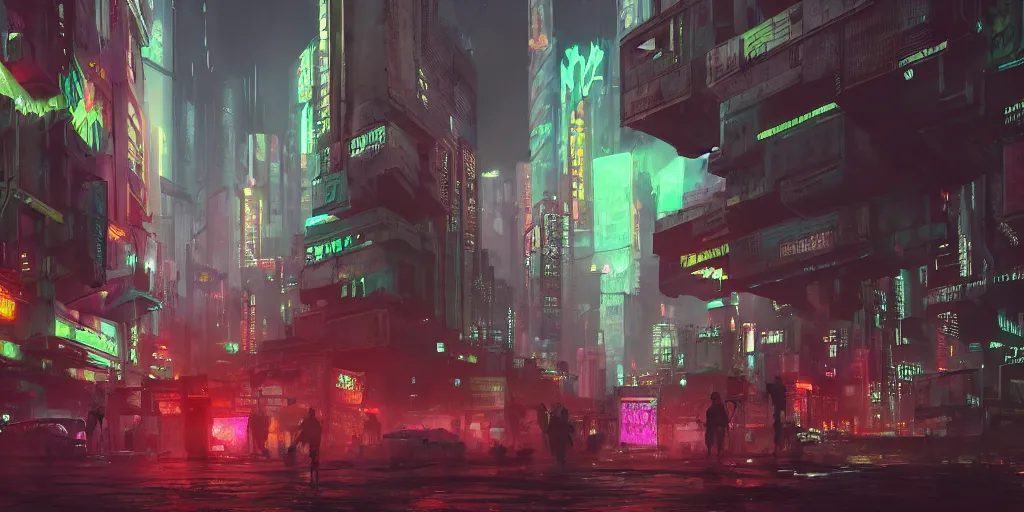 Image similar to matte painting environment design of dystopian cyberpunk city with neon lights, people on the streets being monitored by drones, trending on artstation, painted by dreadjim, eddie mendoza, james paick, zeen chin, 4k, octane render