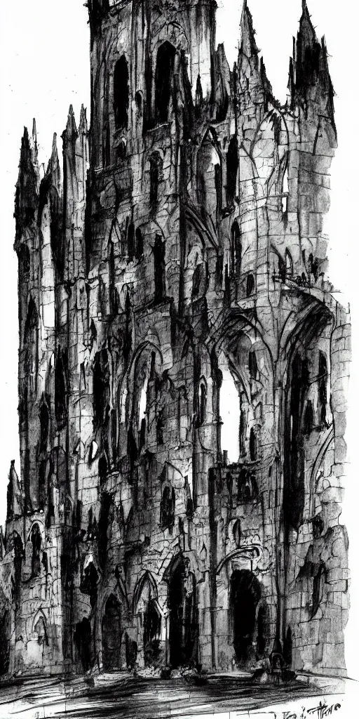 Image similar to a brilliant expressive ink sketch of a gothic ruin by josep tapiro baro in the style of romanticism art, dynamic lighting