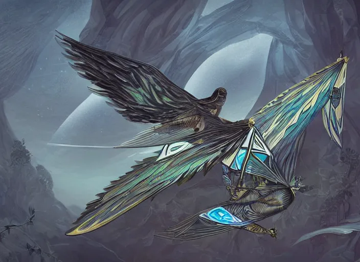 Prompt: concept art of an angelic modern ornithopter jet plane with ornate bird - like wings with art deco patterns flying over an outpost in an elven forest, solarpunk, high fantasy art, art book