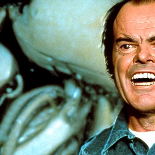 Image similar to jack nicholson in alien, hyperrealistic movie still