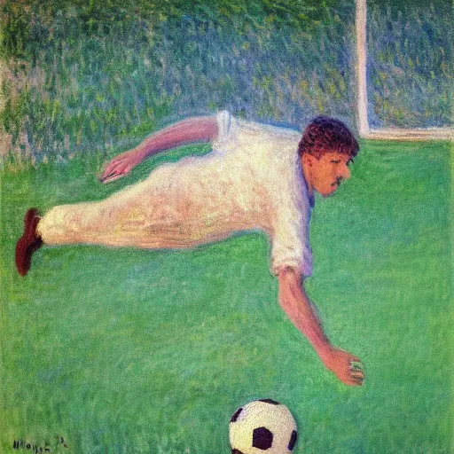 Image similar to monet painting of a skinny blonde man falling over a soccer ball, highly detailed, realistic,