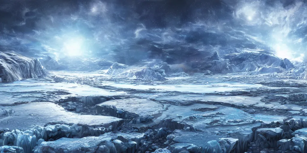 Image similar to view of an icy cold planet with propane lakes,concept art, digital painting, still, highly detailed, intricate details, landscape
