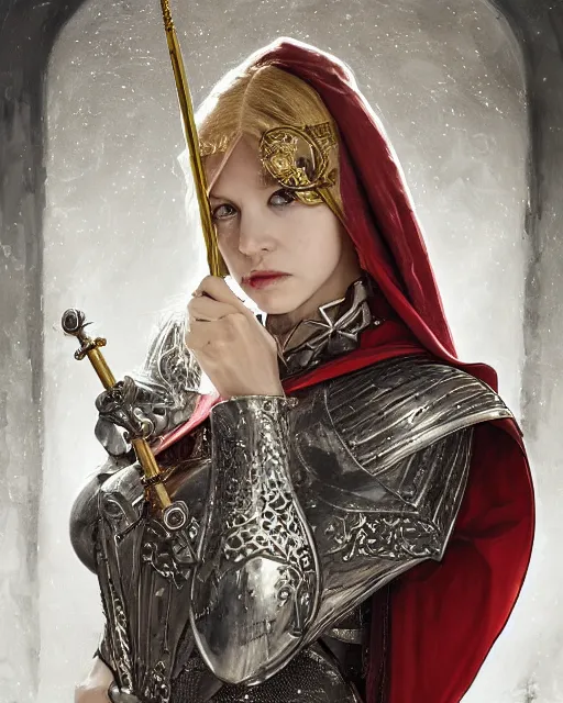 Image similar to a portrait of a muse of beauty, Elspeth Knight Errant, long flowing cape and cowl, silver and gold heavy armor, long magical staff with ruby gems, young female face, rune magic, cinematic top lighting, insanely detailed and intricate, face by wlop, Charlie Bowater, golden ratio, face close up, symmetric, elegant, ornate, luxury, elite, matte painting, MTG, magic the gathering, cinematic, cgsociety, 8k, high resolution, trending on artstation, deviantart and pinterest