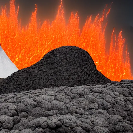 Prompt: a baby magma golem made of rock and lava, photography, dark grey and orange colours, volcano in the background, detailed