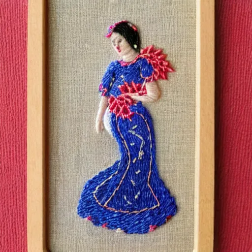 Image similar to a tiny beautiful handmade embroidery of a woman. hand embroidery.