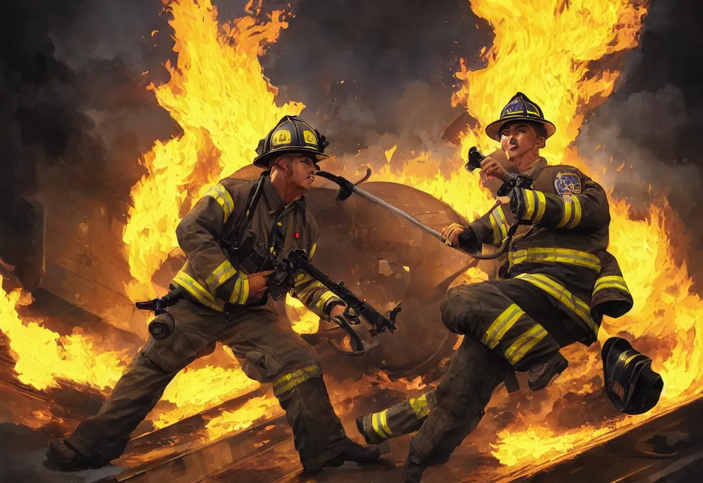 Image similar to heroic firefighter in action in black and yellow uniform, fire flames, sharp details, sharp focus, elegant, highly detailed, illustration, by jordan grimmer and greg rutkowski and 薯 子 imoko and wlop and maya takamura, intricate, art gta 5 cover