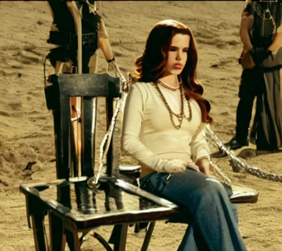 Image similar to a movie still of lana del rey as a handcuffed prisoner with a chain around her neck bonded to a chair in the movie star wars