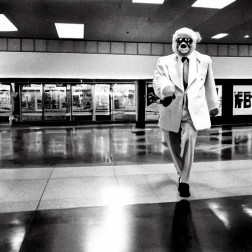 Prompt: A creepy photo of Colonel Sanders chasing you in an empty shopping mall from the 1980s, disposable film