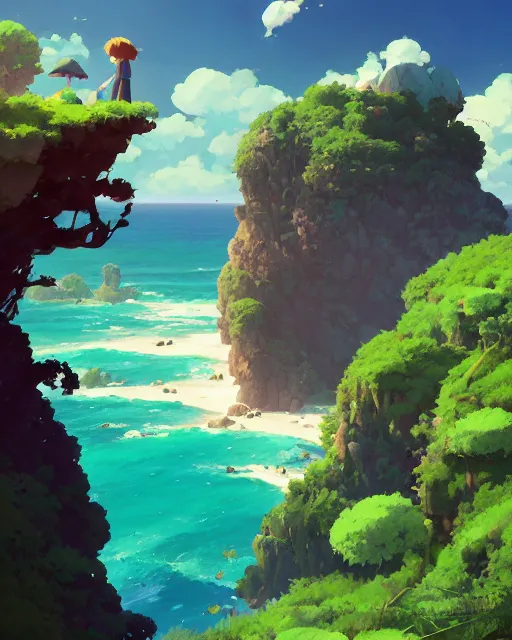 Prompt: an archipelago with strange rock formations, lush vegetation, fluffy clouds, azure water, cory loftis, james gilleard, atey ghailan, makoto shinkai, goro fujita, studio ghibli, rim light, exquisite lighting, clear focus, very coherent, plain background, soft painting