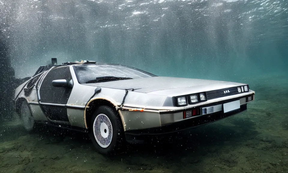 Prompt: photo of a delorean swimming underwater